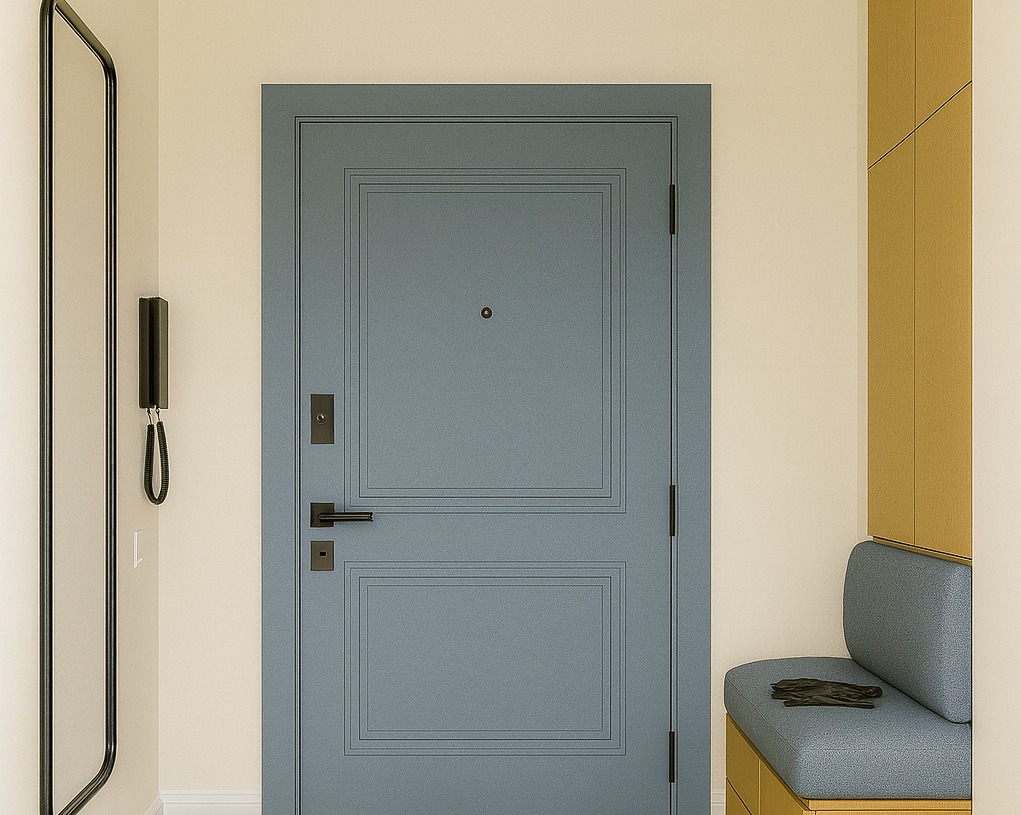Błękitne drzwi wejściowe z czarną klamką i wizjerem, fragment szafy z siedziskiem w przedpokoju. Minimalistyczny design, jasne ściany, czarne obramowanie lustra.