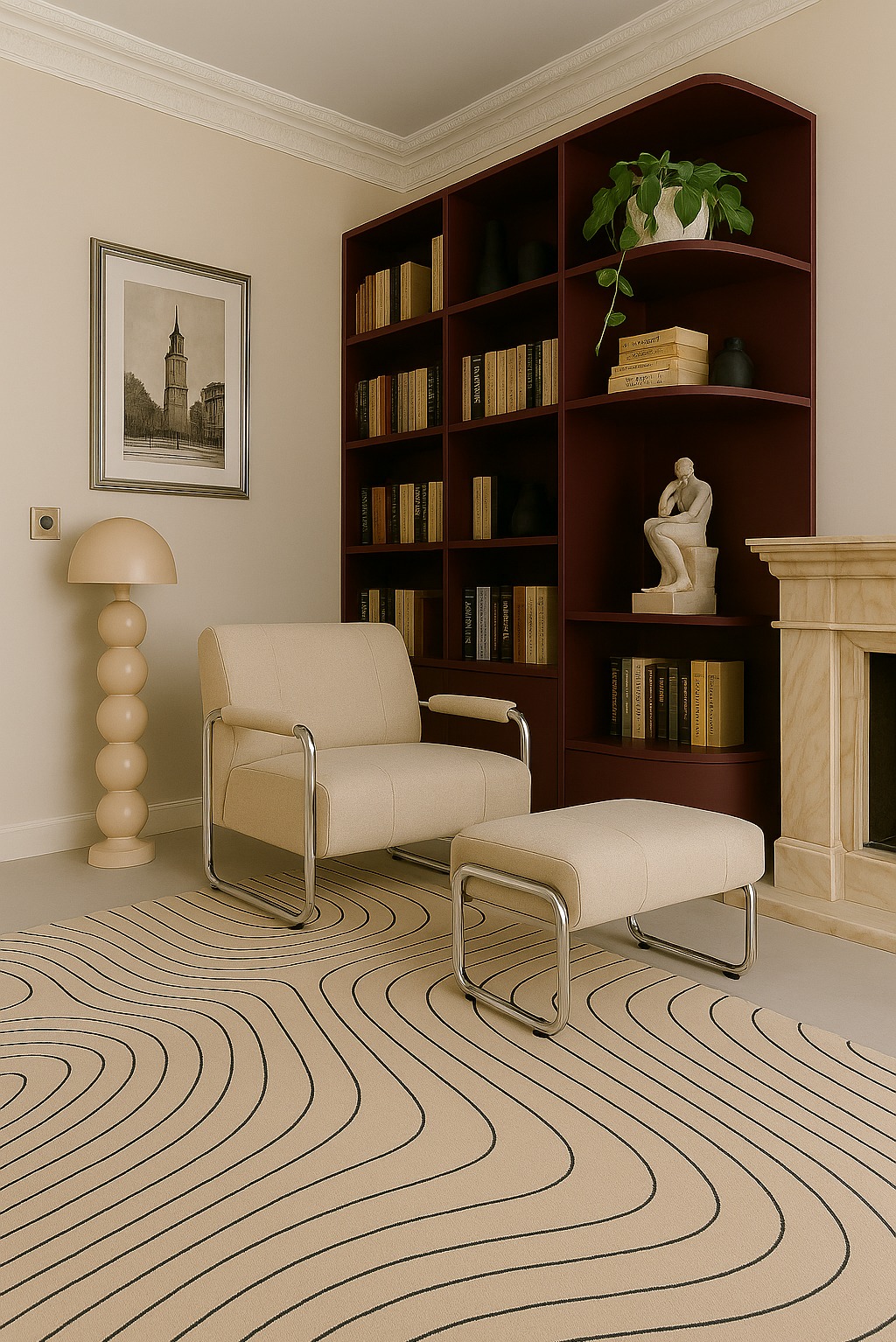 Kremowy fotel z podnóżkiem na wzorzystym dywanie, obok regał z książkami i kominek. Całość w stonowanej kolorystyce, tworząca przytulny kącik do czytania.