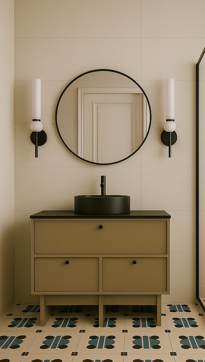 Nowoczesna łazienka z beżowymi płytkami, okrągłym lustrem i szafką z umywalką w kolorze khaki. Uwagę przykuwają lampy ścienne i wzorzysta podłoga.