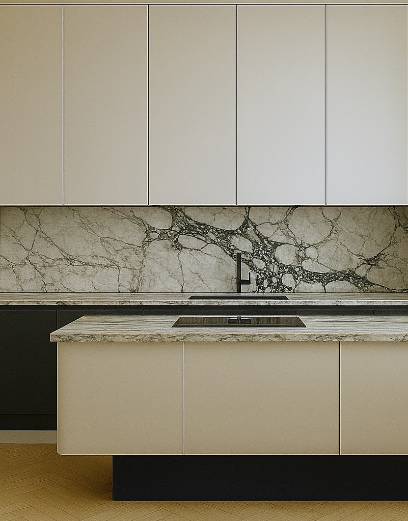 Minimalistyczna kuchnia: beżowe szafki, marmurowy backsplash z czarnymi żyłami, drewniana podłoga w jodełkę. Nowoczesny design z dbałością o detale.