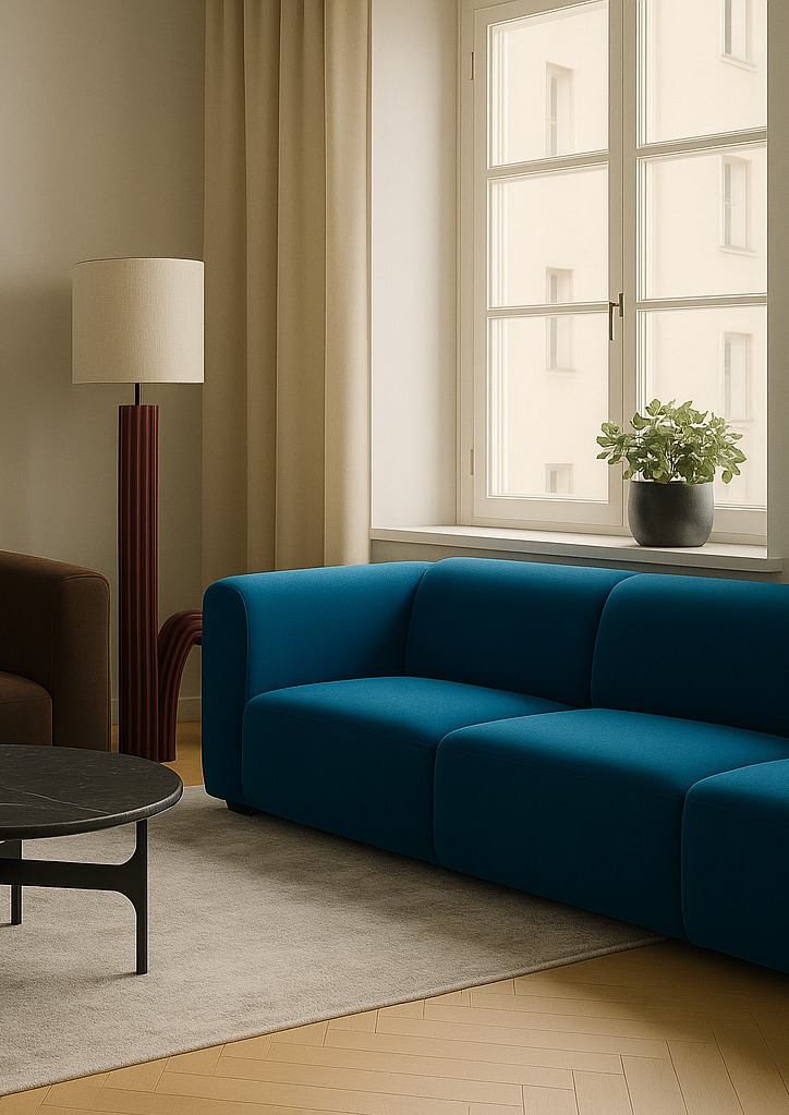 Stylowy salon z turkusową sofą modułową, lampą podłogową z bordową podstawą i okrągłym stolikiem kawowym na beżowym dywanie. Za oknem widok na budynek.