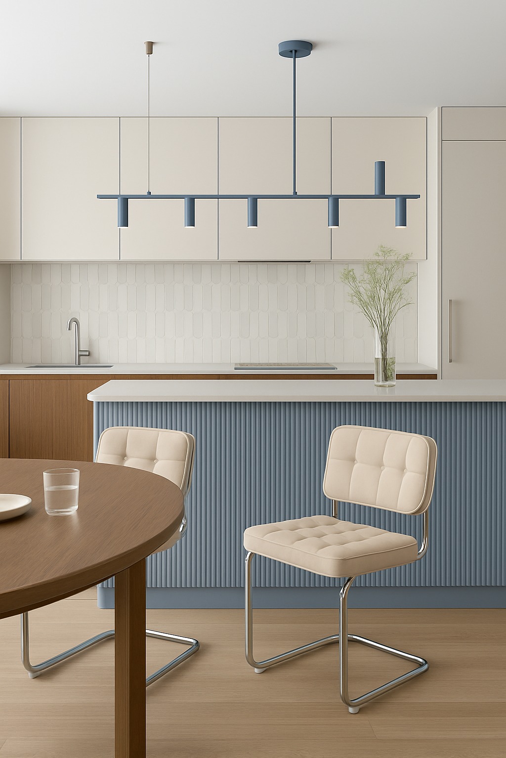 Nowoczesna kuchnia w beżach i błękicie: okrągły stół, krzesła z chromowanymi nogami, lampa sufitowa. Minimalistyczny design, jasne wnętrze, subtelne detale.