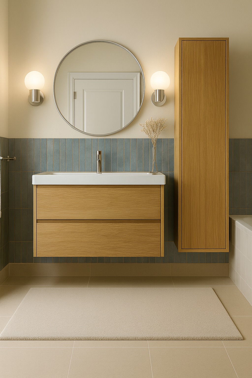 Nowoczesna łazienka z drewnianą szafką pod umywalką, okrągłym lustrem i podłużną szafką wiszącą. Umywalka z baterią, dekoracyjna listwa z płytek.