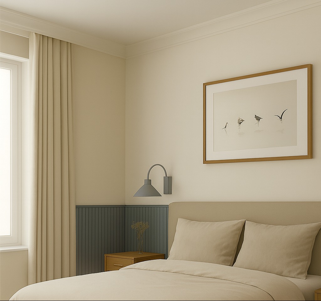 Beżowa sypialnia z obrazem ptaków nad łóżkiem, lampą ścienną i zasłoną przy oknie. Minimalistyczny wystrój z drewnianymi akcentami i panelami ściennymi.