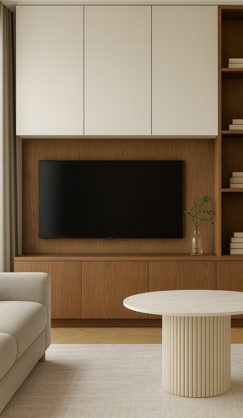 Minimalistyczny salon z drewnianą zabudową TV, beżową sofą i okrągłym stolikiem. Uwagę zwraca subtelna kolorystyka i naturalne materiały.