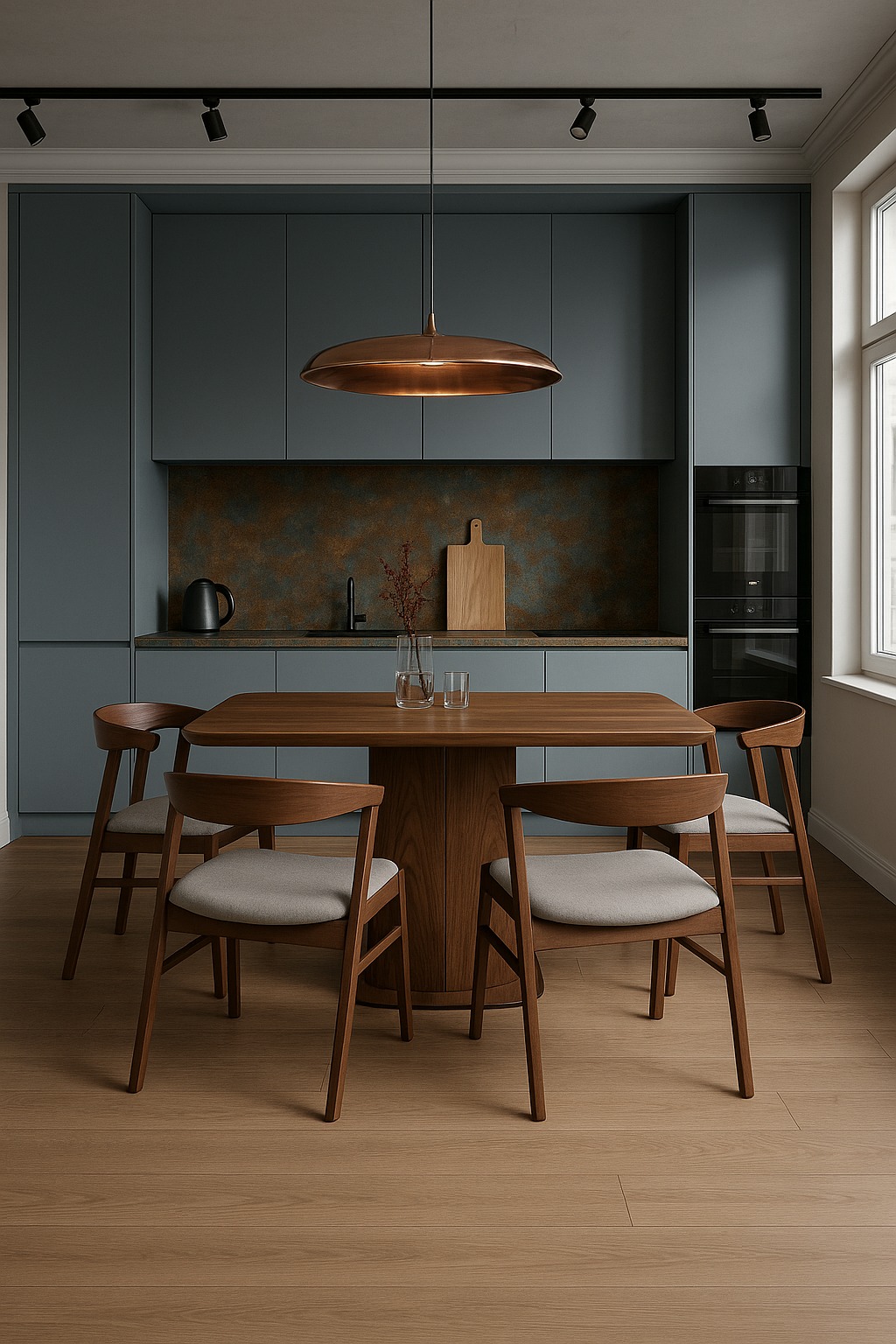 Nowoczesna kuchnia w odcieniach szarości z drewnianym stołem i krzesłami. Miedziana lampa wisząca nad stołem. Minimalistyczny design, oświetlenie punktowe.