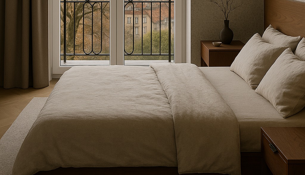 Neutralna sypialnia z łóżkiem w beżowej pościeli, drewnianymi szafkami nocnymi i widokiem na miasto przez okno z ozdobną balustradą.