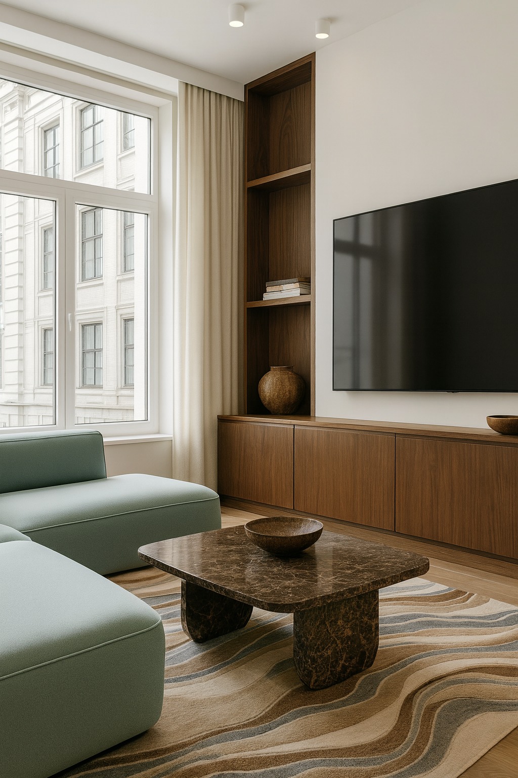 Nowoczesny salon z turkusową sofą modułową, stolikiem kawowym z marmuru i drewnianą zabudową TV. Duże okno z widokiem na miasto. Dywan w faliste wzory.