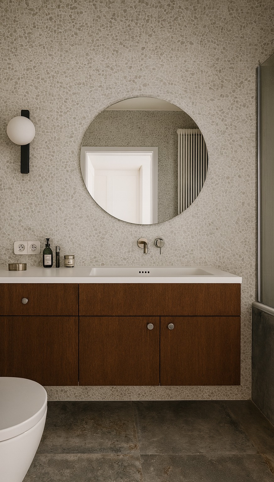 Nowoczesna łazienka z okrągłym lustrem, drewnianą szafką pod umywalką i mozaikową ścianą. Minimalistyczny design, ciepłe oświetlenie, widoczny fragment toalety.