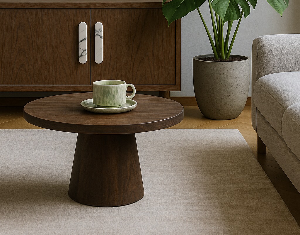 Minimalistyczny salon: okrągły stolik kawowy z filiżanką, drewniana komoda z marmurowymi uchwytami, donica z rośliną i fragment sofy w neutralnej kolorystyce.