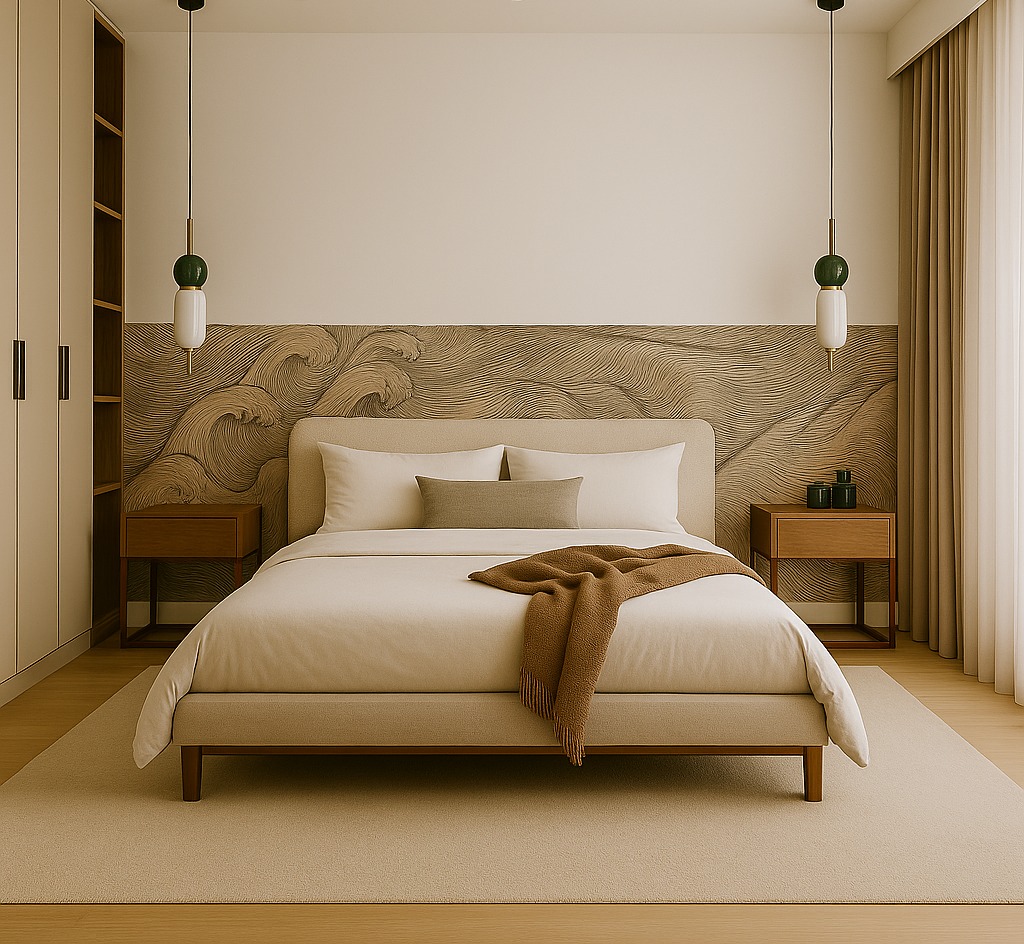 Neutralna sypialnia z łóżkiem, wzorzystym wezgłowiem imitującym fale, drewnianymi szafkami nocnymi i wiszącymi lampami. Minimalistyczny design, ciepłe oświetlenie.