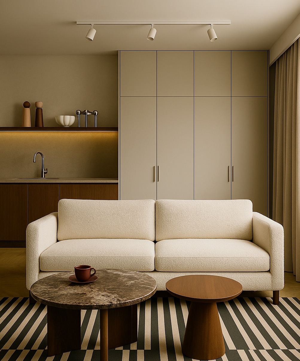 Neutralna aranżacja wnętrza: kremowa sofa z poduszkami, stoliki kawowe na wzorzystym dywanie, zabudowa kuchenna w tle i subtelne oświetlenie punktowe.