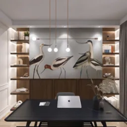 Nowoczesne biuro z tapetą w ptaki, oświetleniem punktowym i ciemnym biurkiem z laptopem. Na półkach książki i dekoracje, całość w stonowanej kolorystyce.