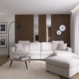 Jasne wnętrze salonu z narożną sofą, stolikiem kawowym i lampą łukową. Na ścianie drewniane panele z lustrami i dekoracyjne lampy. Widok na zieleń za oknem.