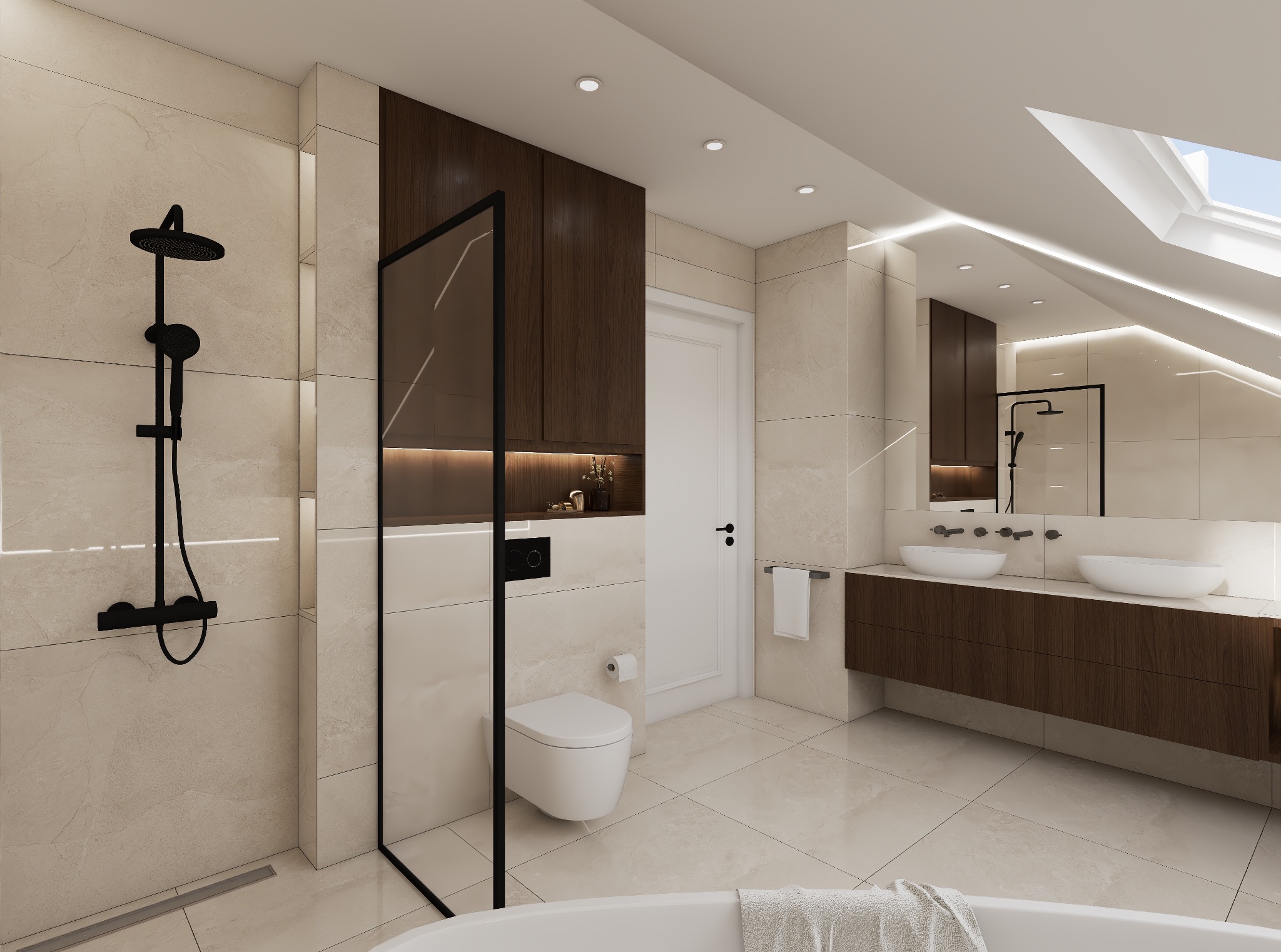 Elegancka łazienka z beżowymi płytkami, czarną armaturą i drewnianymi szafkami. Umywalki nablatowe i minimalistyczny design. Widoczny fragment wanny z ręcznikiem.