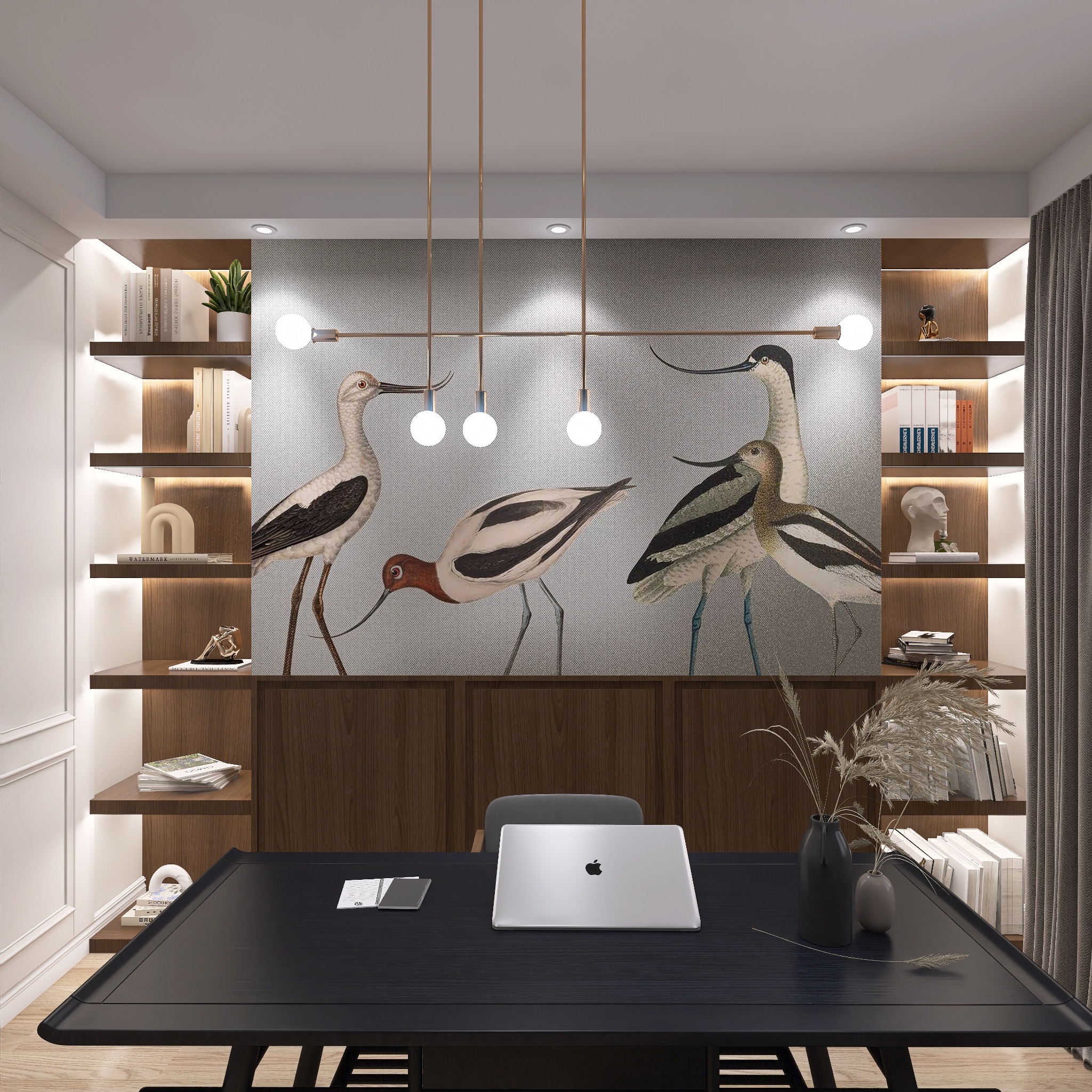 Nowoczesne biuro z tapetą w ptaki, oświetleniem punktowym i ciemnym biurkiem z laptopem. Na półkach książki i dekoracje, całość w stonowanej kolorystyce.