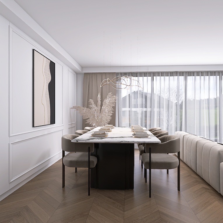 Elegancka jadalnia w beżach: parkiet w jodełkę, stół z marmurowym blatem, krzesła z weluru, abstrakcyjny obraz i dekoracyjna lampa wisząca. Minimalistyczny design.