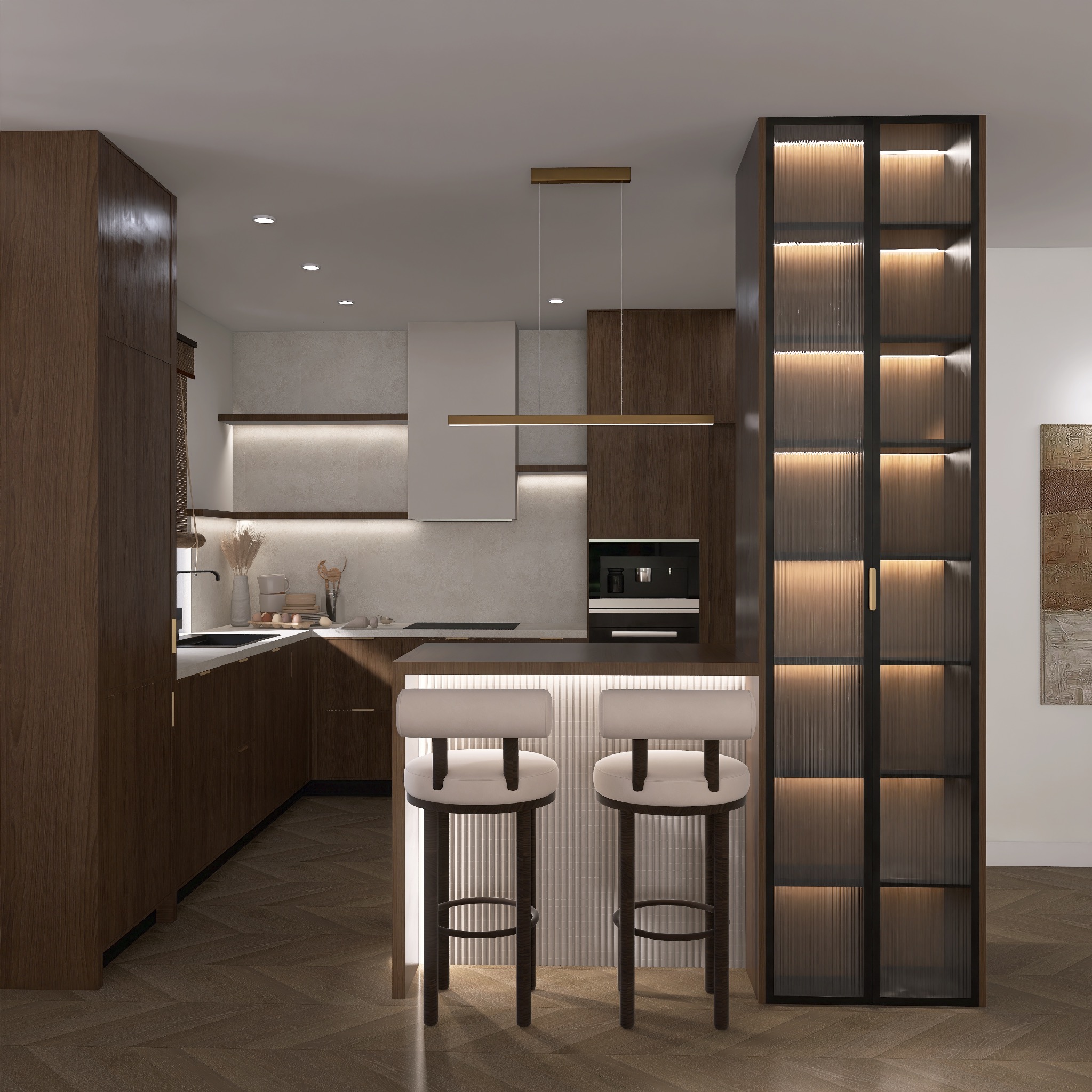 Nowoczesna kuchnia z wyspą, drewnianymi szafkami i oświetleniem LED. Dwie białe hokery przy wyspie. Parkiet w jodełkę na podłodze. Elegancki design.