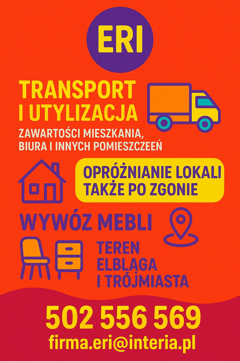 Grafika: Transport i utylizacja zawartości mieszkań, biur, wywóz mebli. Teren Elbląga i Trójmiasta. Kontakt: 502 556 569, firma.eri@interia.pl.