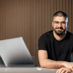 Uśmiechnięty copywriter z Oławy w okularach, siedzący przy biurku z laptopem. Profesjonalny wizerunek dla agencji interaktywnej.