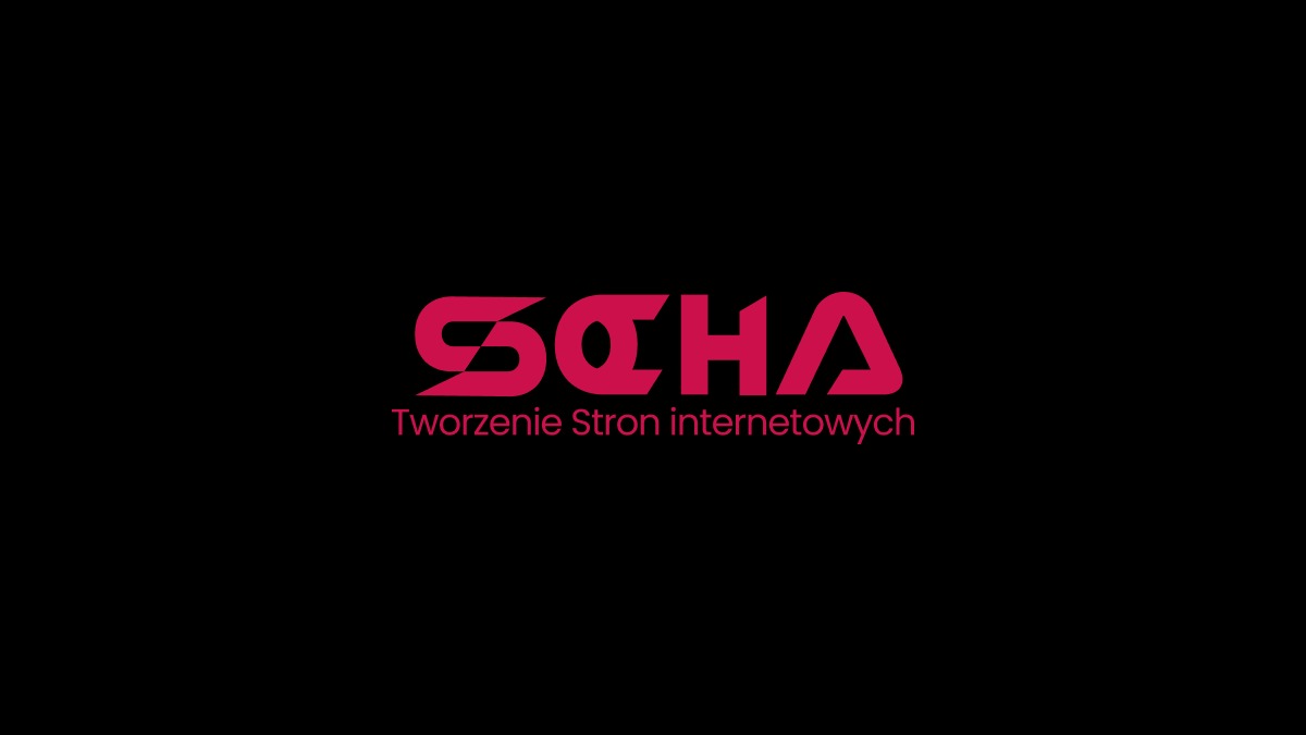Ciemnoróżowe logo 'SOHA Tworzenie Stron Internetowych' na czarnym tle. Minimalistyczny design, nowoczesna typografia, centralna kompozycja.
