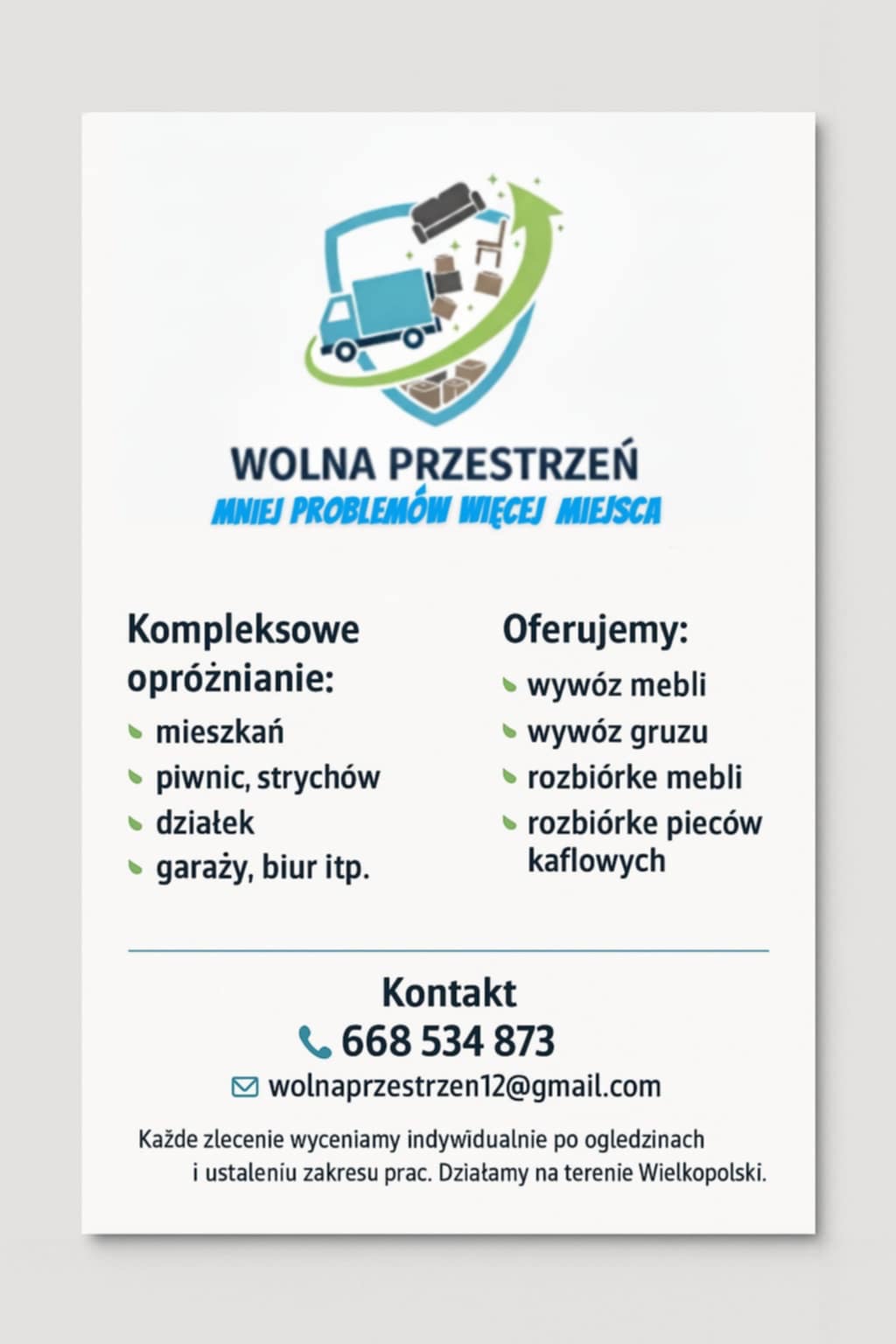 Grafika reklamowa firmy oferującej kompleksowe opróżnianie mieszkań, piwnic, strychów, działek, garaży, biur, wywóz mebli i gruzu oraz rozbiórkę pieców kaflowych.