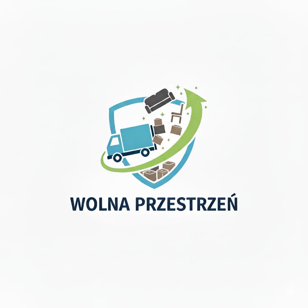 Logo firmy 'Wolna Przestrzeń' z motywem transportu mebli ciężarówką w tarczy z zieloną strzałką, symbolizujące opróżnianie i przewóz rzeczy.