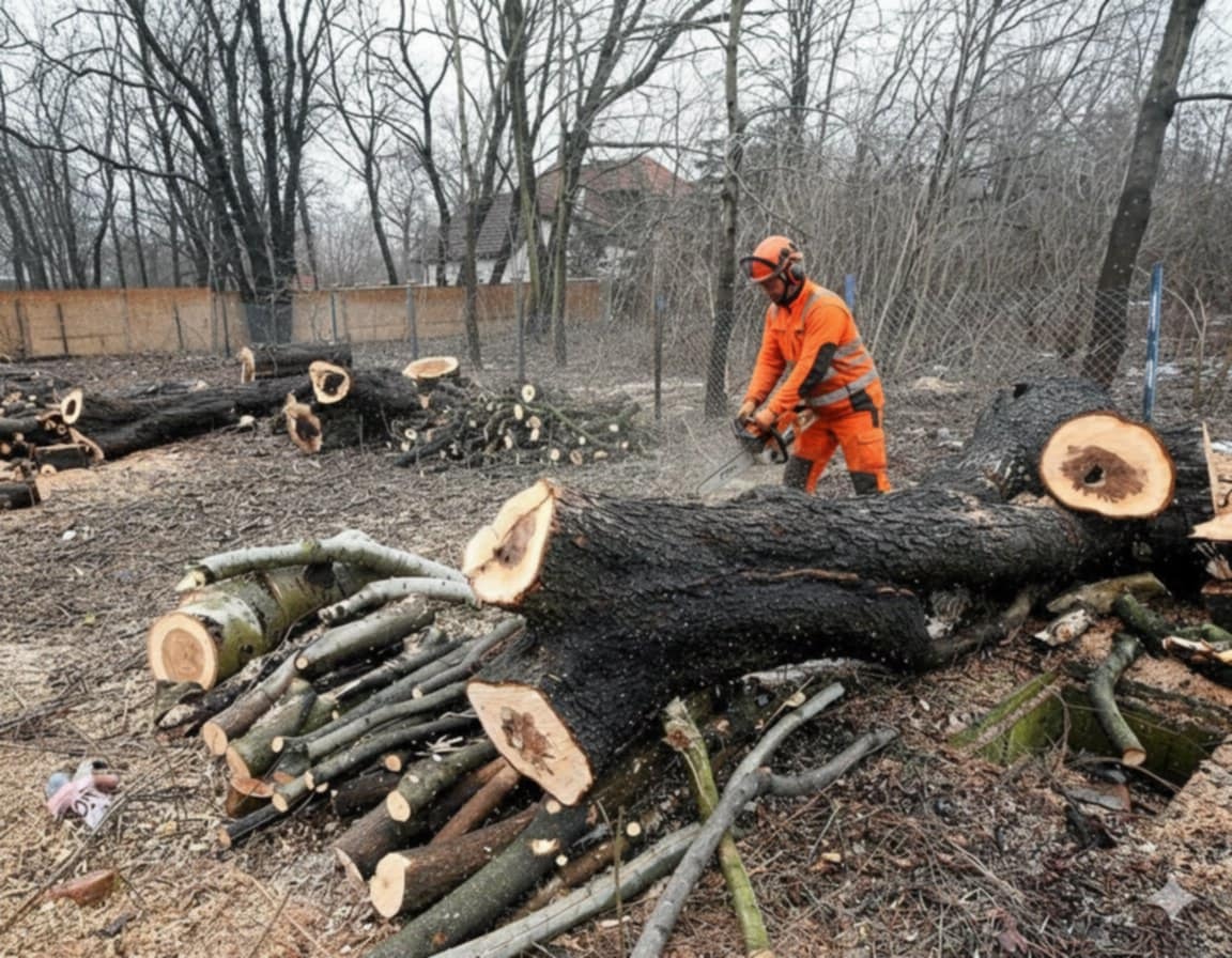 Pracownik w pomarańczowym kombinezonie tnie piłą spalinową powalone drzewo. Wokół leżą pocięte gałęzie i kłody. W tle widoczne nagie drzewa i ogrodzenie.