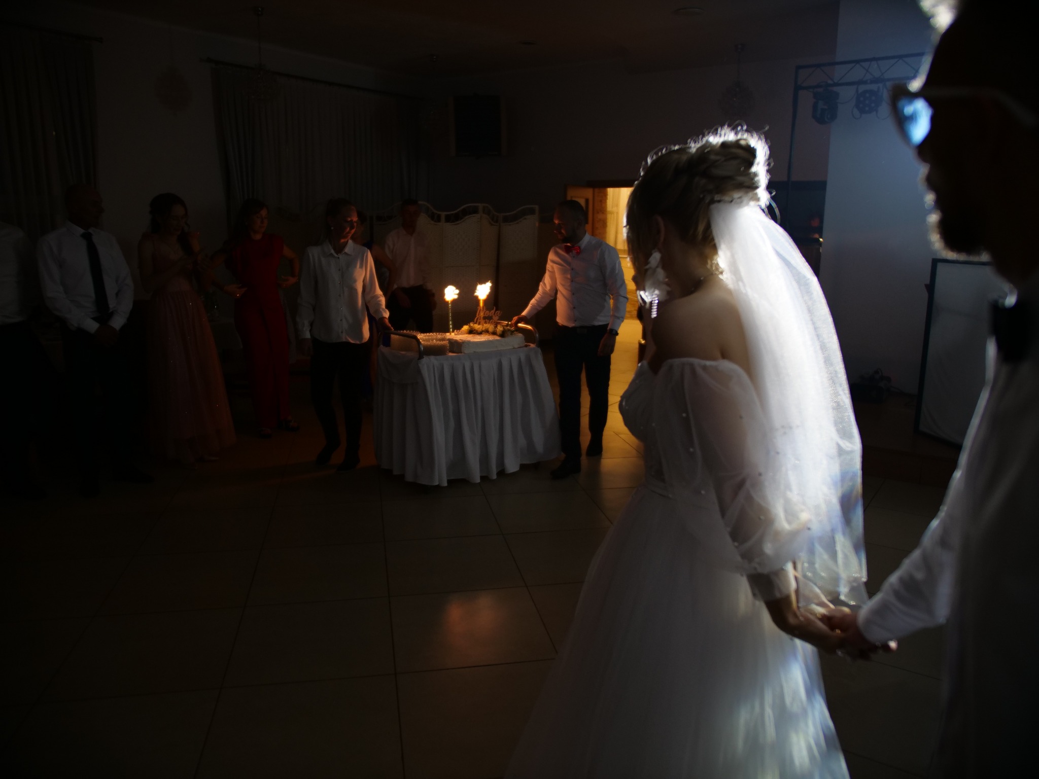 Para młoda trzymająca się za ręce, w tle goście i tort weselny ze świecami. Ujęcie z boku, z silnym oświetleniem kontrowym na welonie panny młodej.