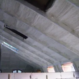 Poddasze z widoczną izolacją natryskową, wykonaną na skośnych belkach stropowych, z fragmentami okien dachowych. Widoczna ceglana ściana i fragment muru.