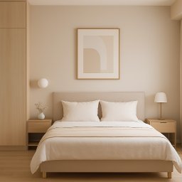 WGC Michał Karpowicz - Minimalistyczna sypialnia w beżach: szafa w zabudowie, łóżko z beżową narzutą, stoliki nocne z lampkami i abstrakcyjny obraz w złotej ramie nad wezgłowiem.