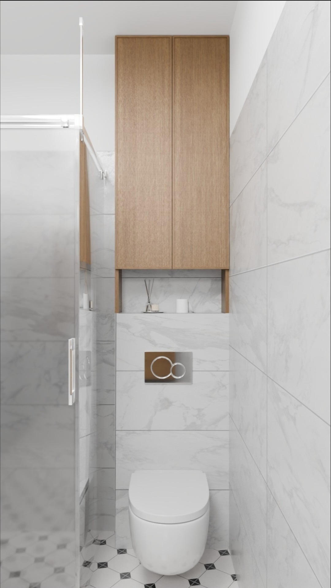 Nowoczesna łazienka z drewnianą szafką nad toaletą, marmurowe płytki, szklana kabina prysznicowa i wzorzysta podłoga. Minimalistyczny design.