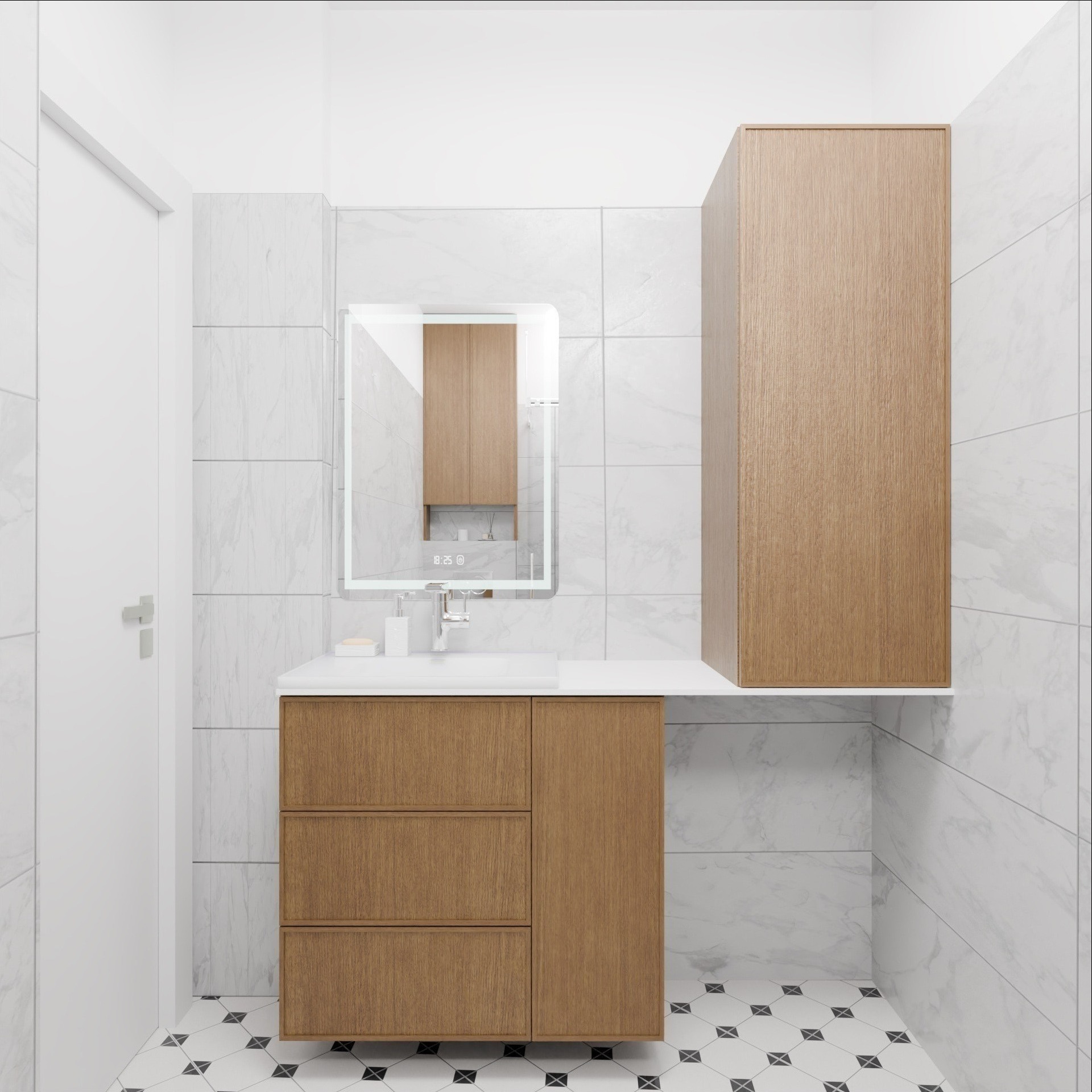 Nowoczesna łazienka z drewnianą szafką pod umywalką, podświetlanym lustrem i wiszącą szafką boczną na tle białych płytek imitujących marmur.