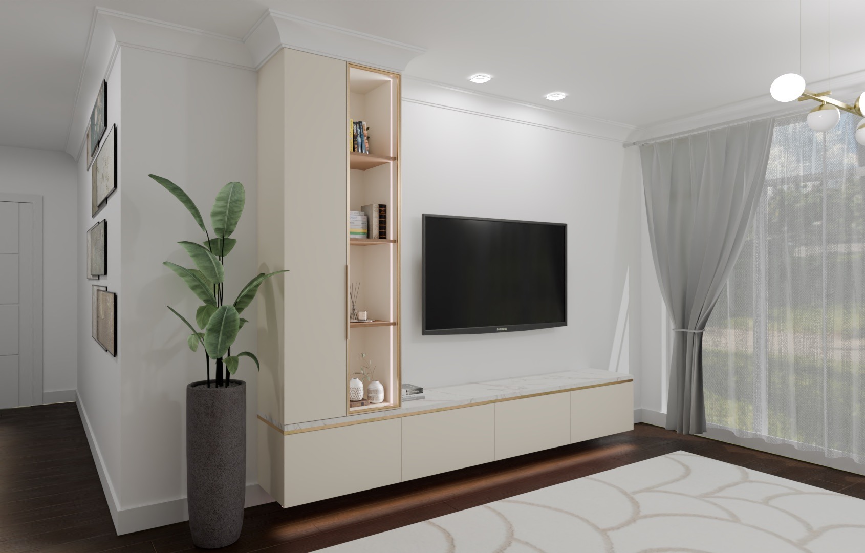 Nowoczesna zabudowa RTV z szafką, półkami podświetlanymi LED i blatem imitującym marmur, uzupełniona rośliną doniczkową i dywanem w salonie.