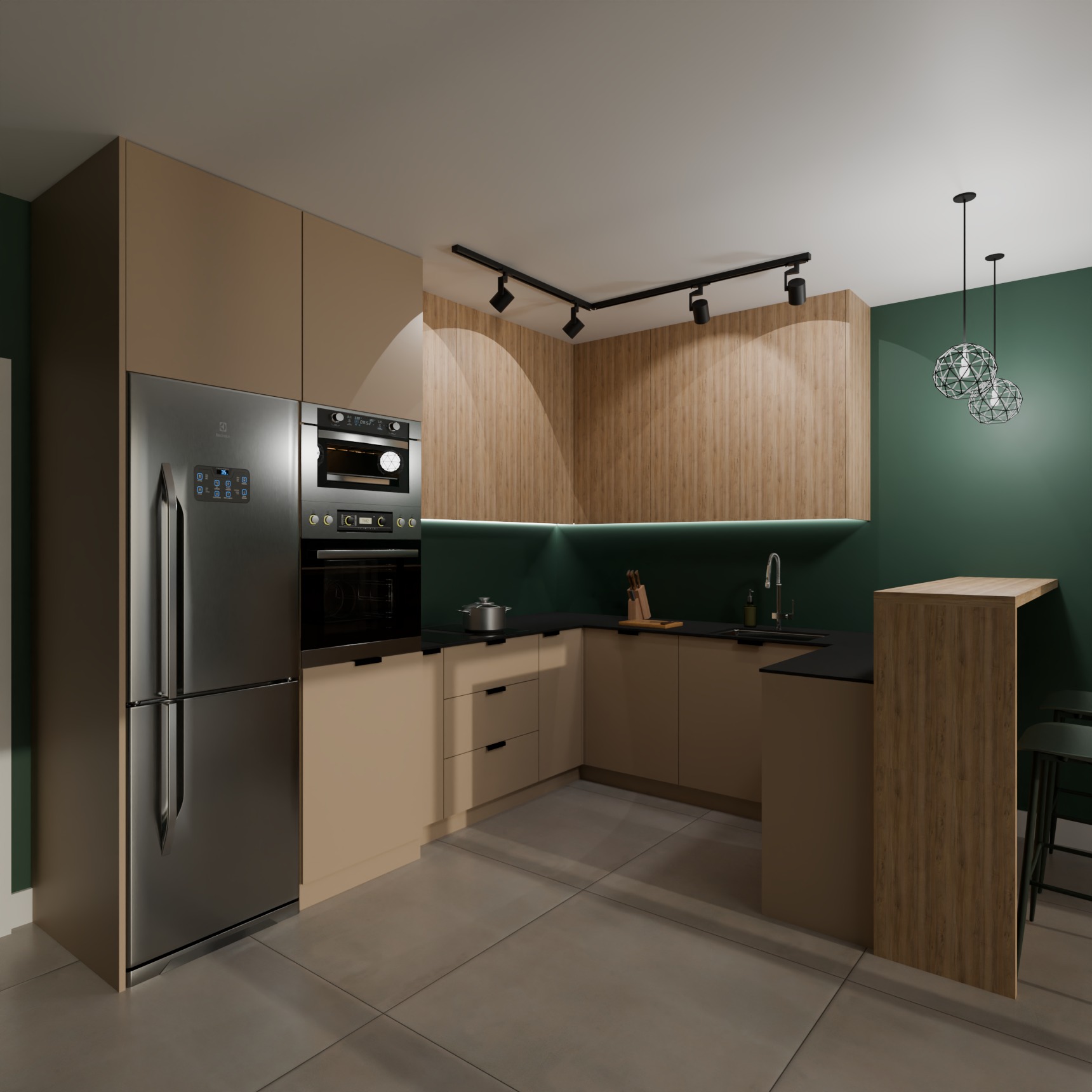 Nowoczesna kuchnia w odcieniach beżu i drewna w Białystoku. Projekt z wyspą, oświetleniem punktowym i sprzętem AGD w zabudowie.