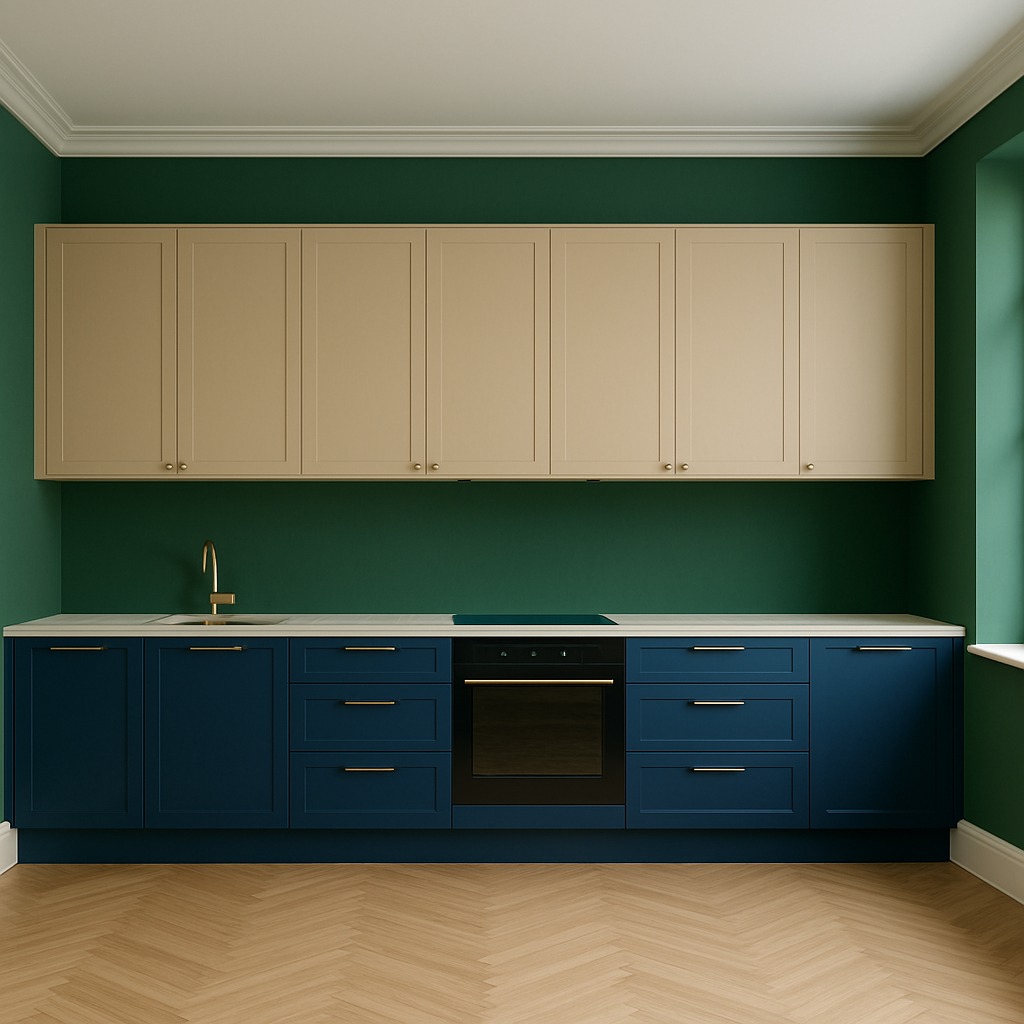 Nowoczesna, dwukolorowa kuchnia z ciemnozielonymi ścianami, beżowymi szafkami górnymi i granatowymi dolnymi. Złota bateria i parkiet w jodełkę dodają elegancji.
