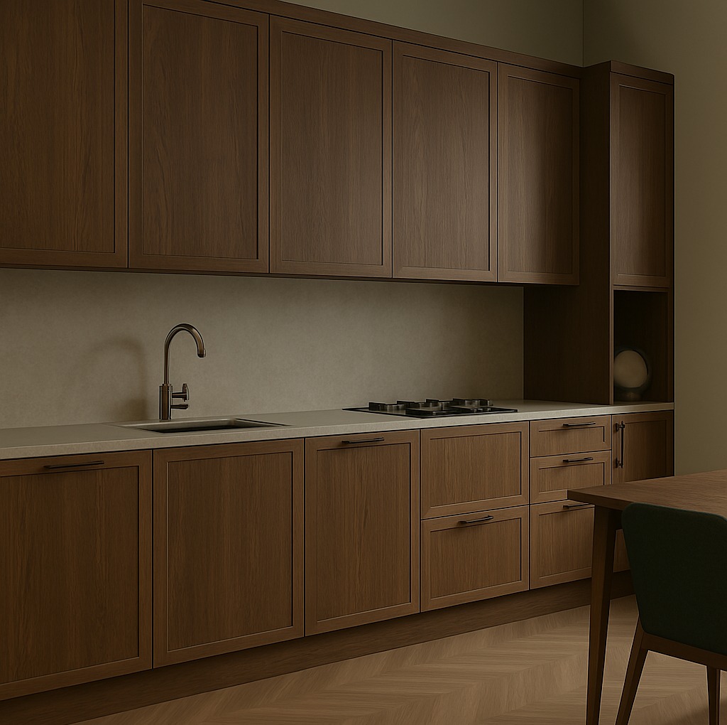 Nowoczesna kuchnia z drewnianymi frontami, jasnym blatem i minimalistyczną armaturą. Uwagę przyciąga parkiet ułożony w jodełkę.