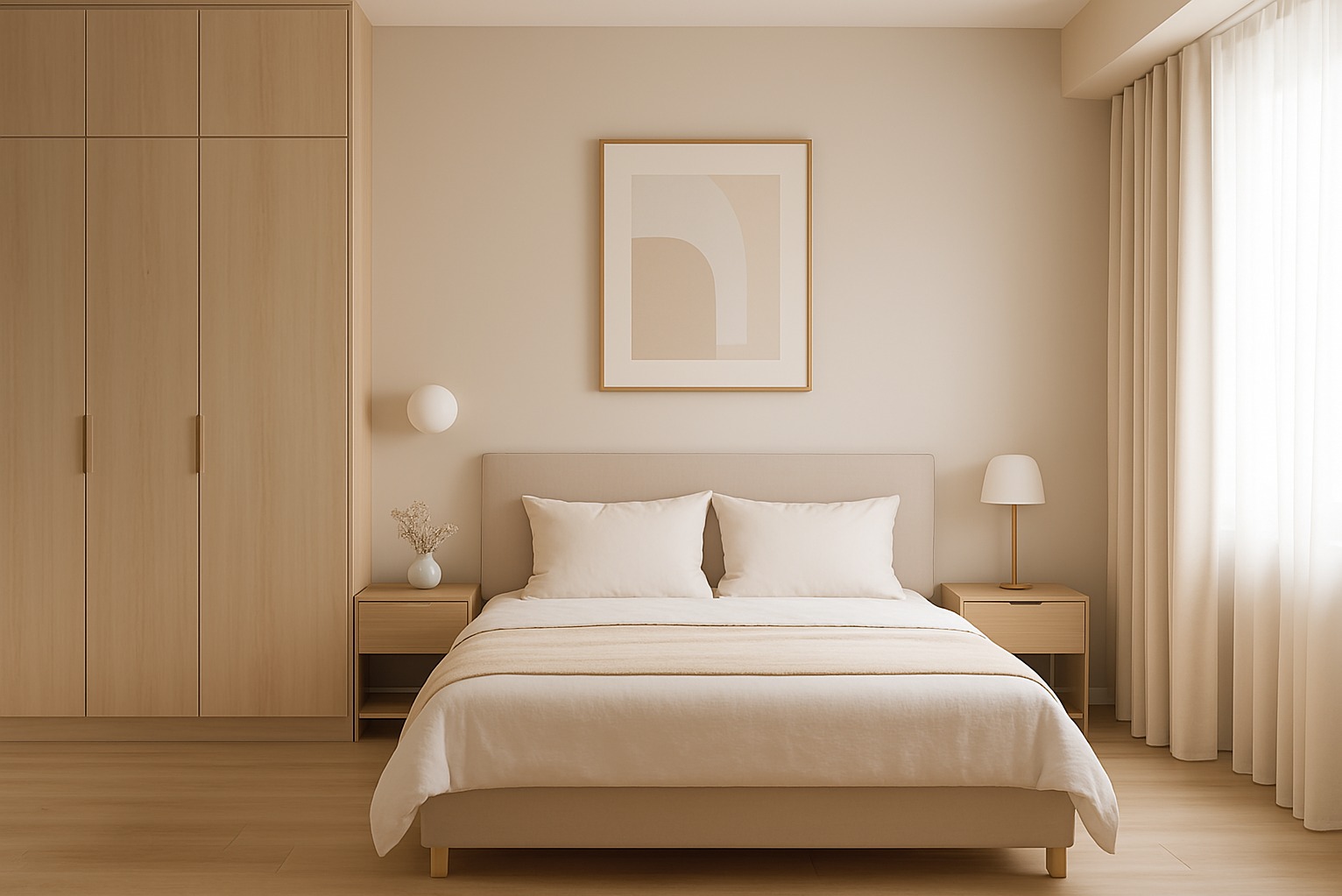 Minimalistyczna sypialnia w beżach: szafa w zabudowie, łóżko z beżową narzutą, stoliki nocne z lampkami i abstrakcyjny obraz w złotej ramie nad wezgłowiem.