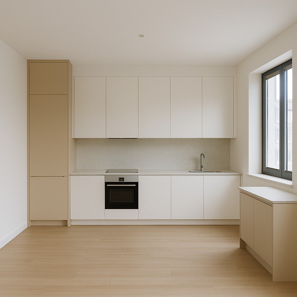 Jasna kuchnia z beżowymi szafkami, minimalistycznym blatem i oknem z czarną ramą. Uwagę przykuwa nowoczesny design i przestronność wnętrza.