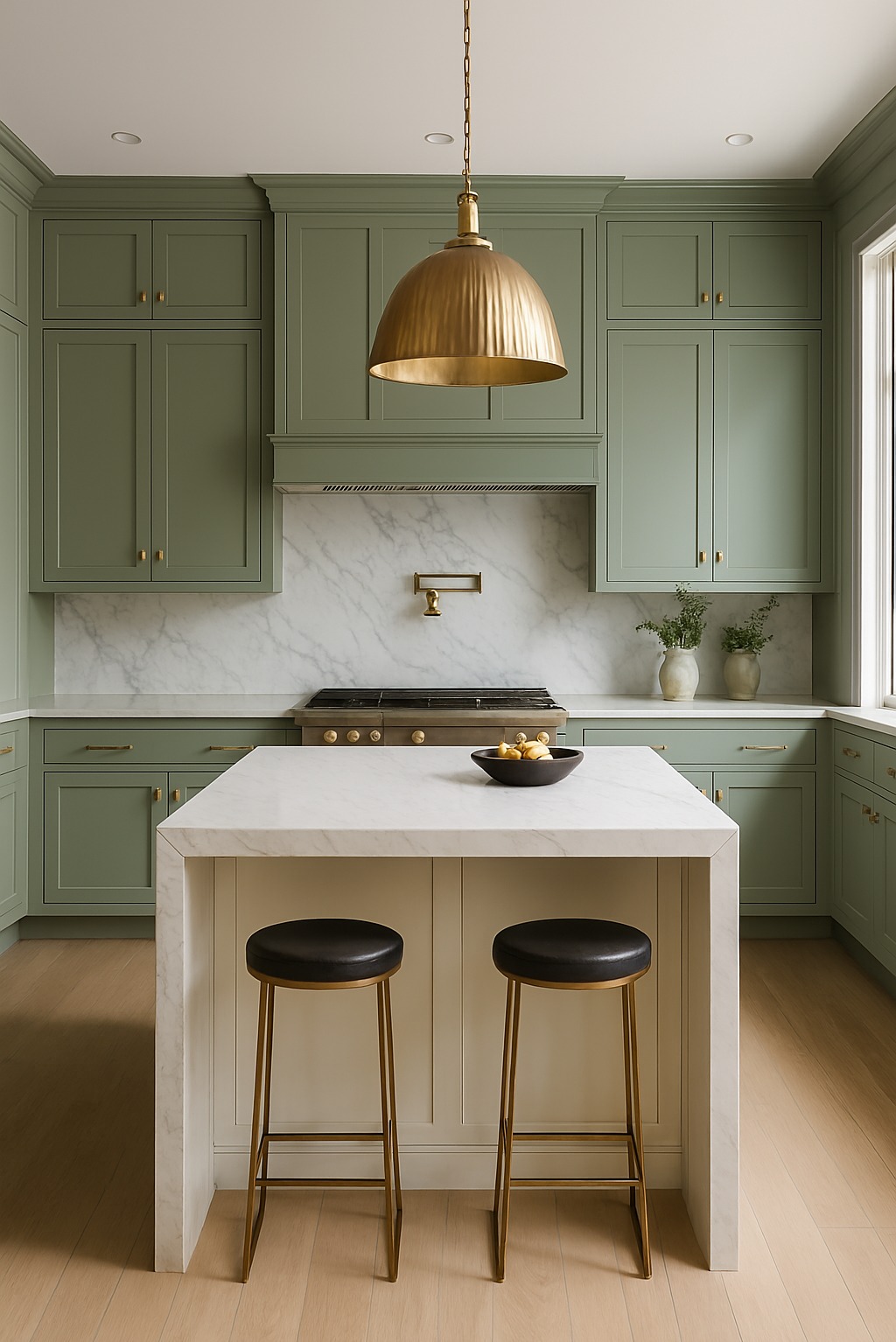 Stylowa kuchnia w odcieniach zieleni z marmurowym blatem i złotymi akcentami, oświetlona wiszącą lampą. Wyspa kuchenna z dwoma hokerami.