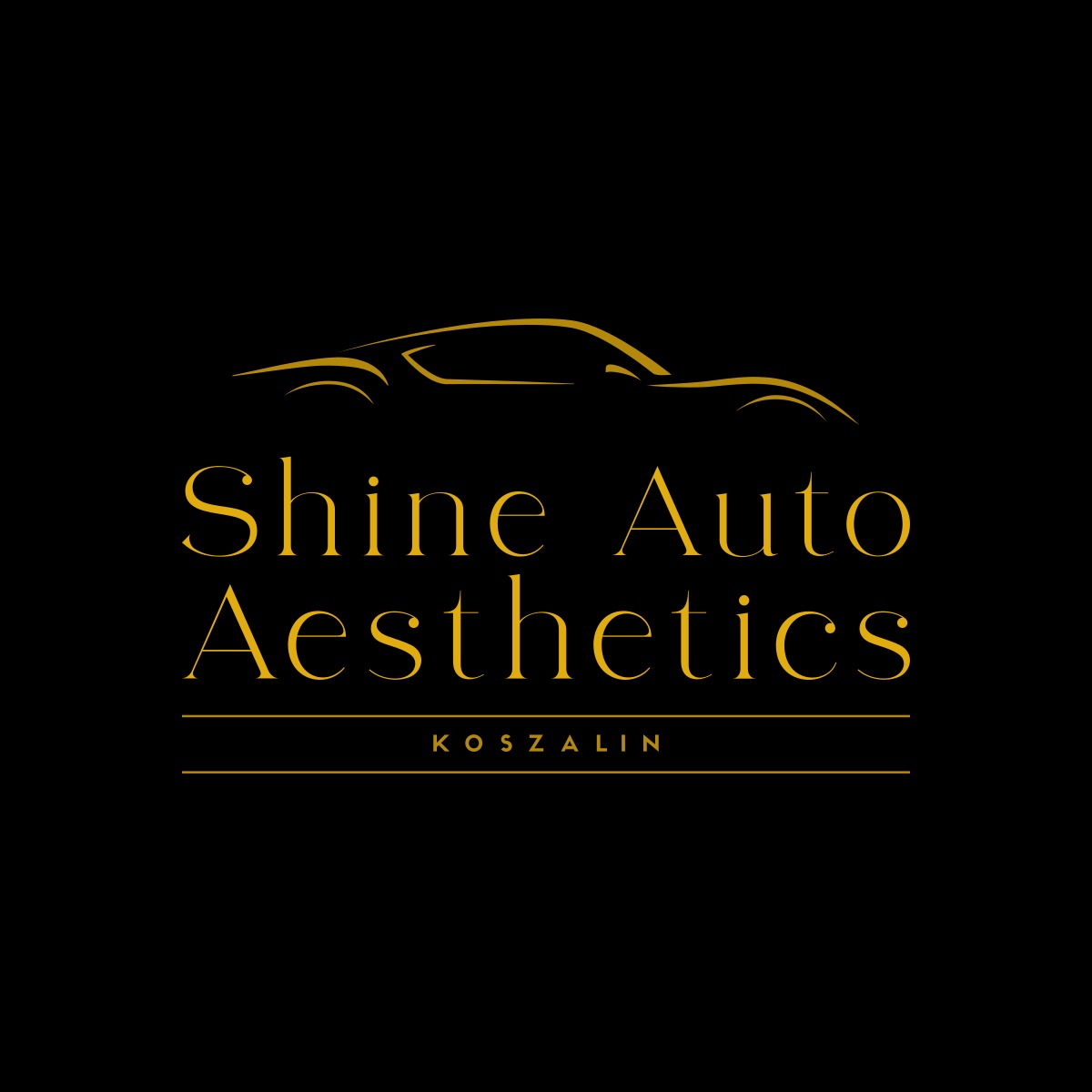 Minimalistyczne logo 'Shine Auto Aesthetics' w złotym kolorze na czarnym tle, przedstawiające zarys samochodu i nazwę firmy z dopiskiem 'Koszalin'.