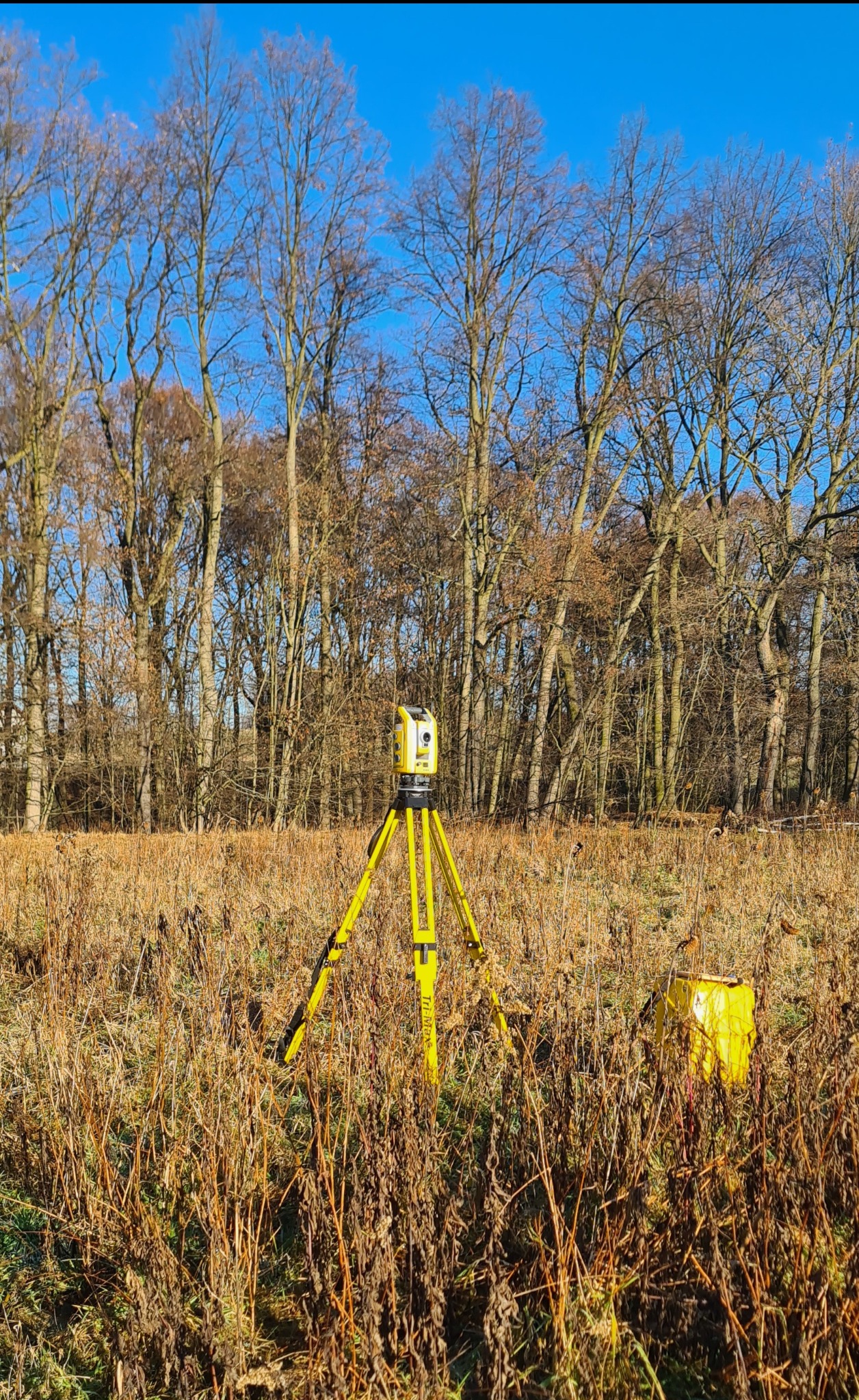 Żółty tachimetr robotyczny Trimble S5 na trójnogu, ustawiony na zarośniętej działce z drzewami w tle pod błękitnym niebem. Sprzęt pomiarowy w terenie.