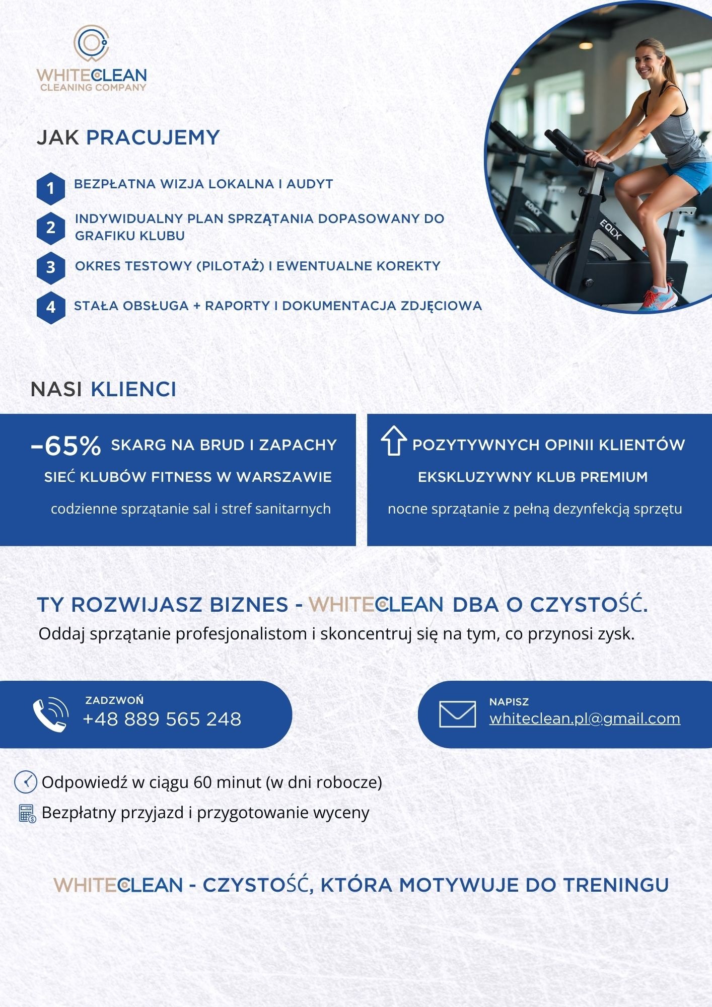 Grafika reklamowa firmy sprzątającej WHITE CLEAN, oferującej sprzątanie klubów fitness. Kobieta ćwiczy na rowerze stacjonarnym w czystej siłowni.