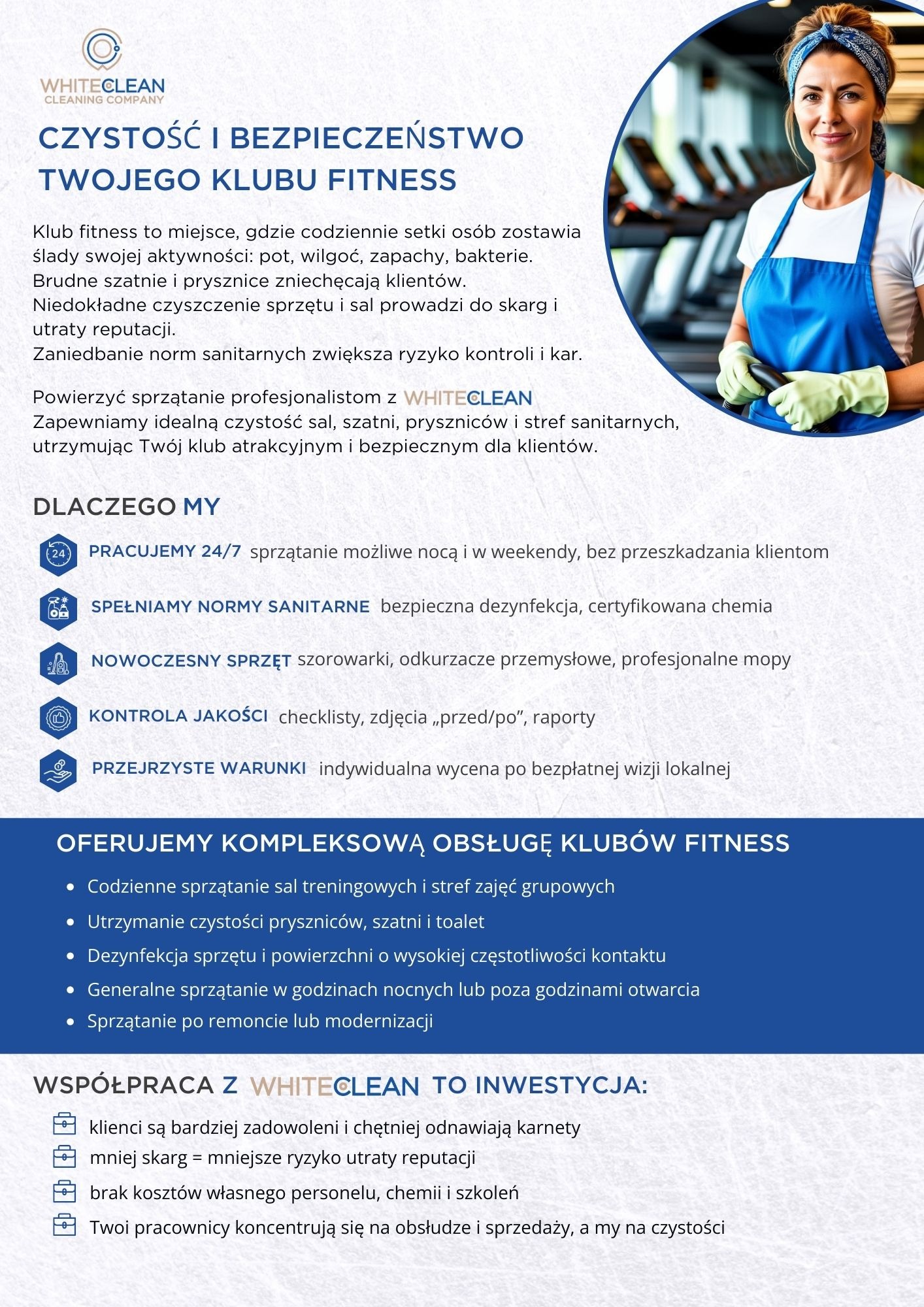Uśmiechnięta kobieta w niebieskim fartuchu i rękawicach, gotowa do pracy w siłowni. W tle sprzęt do ćwiczeń. Promocja firmy sprzątającej.