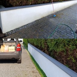 Zuzanna Szczepaniak - Dwa ujęcia murku: przed myciem (brudny) i po (czysty), z samochodem i narzędziami. Widoczne różnice w czystości kostki brukowej.