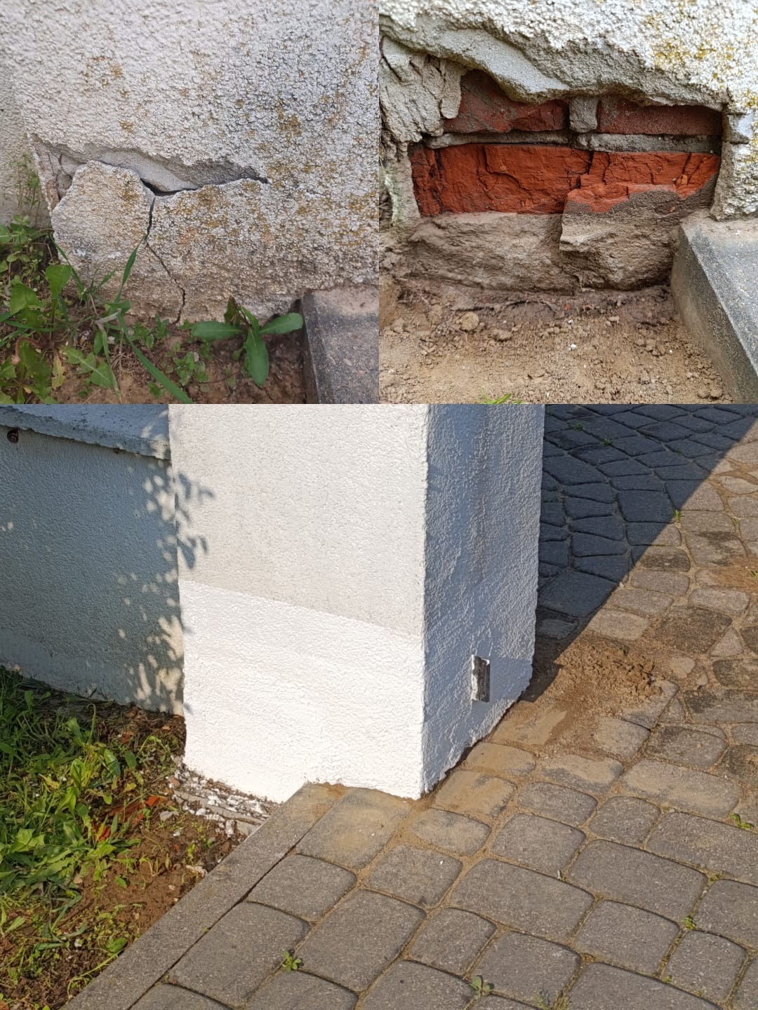 Zdjęcie przedstawia kolumnę przed i po renowacji. Górna część pokazuje uszkodzony tynk i odsłoniętą cegłę, dolna część odnowioną, pomalowaną kolumnę z kostką brukową.