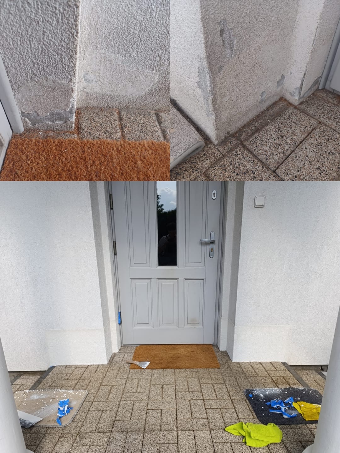 Przygotowanie do malowania elewacji: zabezpieczone podłoże, ślady po naprawach, szpachelka leżąca obok wycieraczki, widoczne odpryski starej farby.