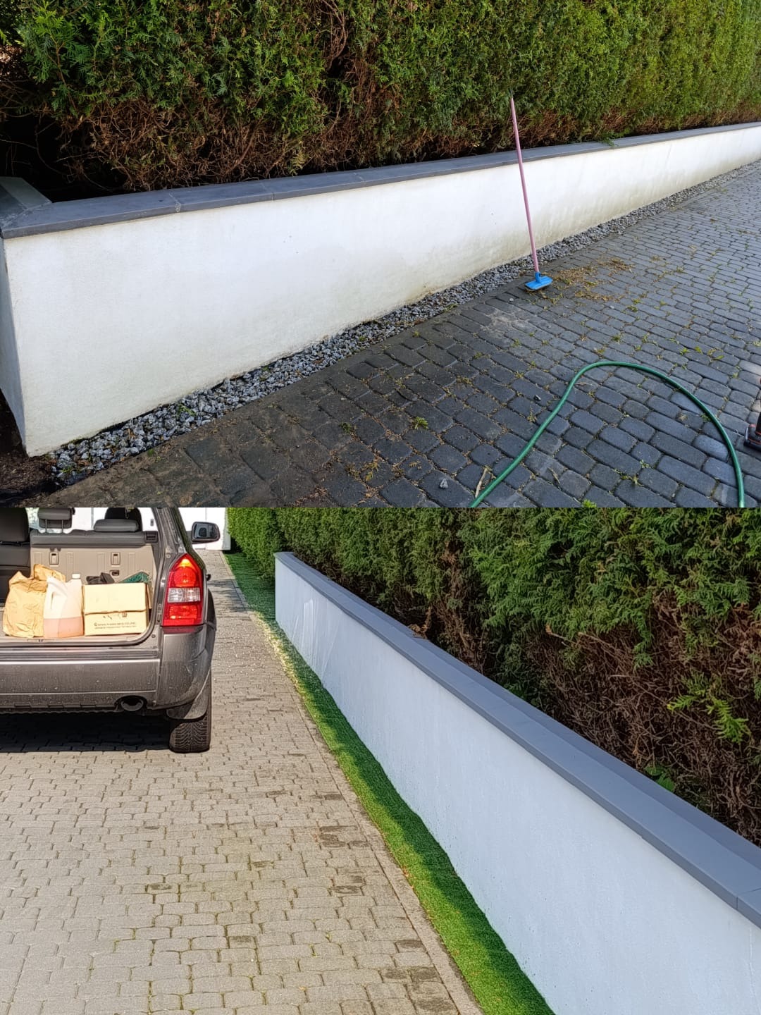 Dwa ujęcia murku: przed myciem (brudny) i po (czysty), z samochodem i narzędziami. Widoczne różnice w czystości kostki brukowej.