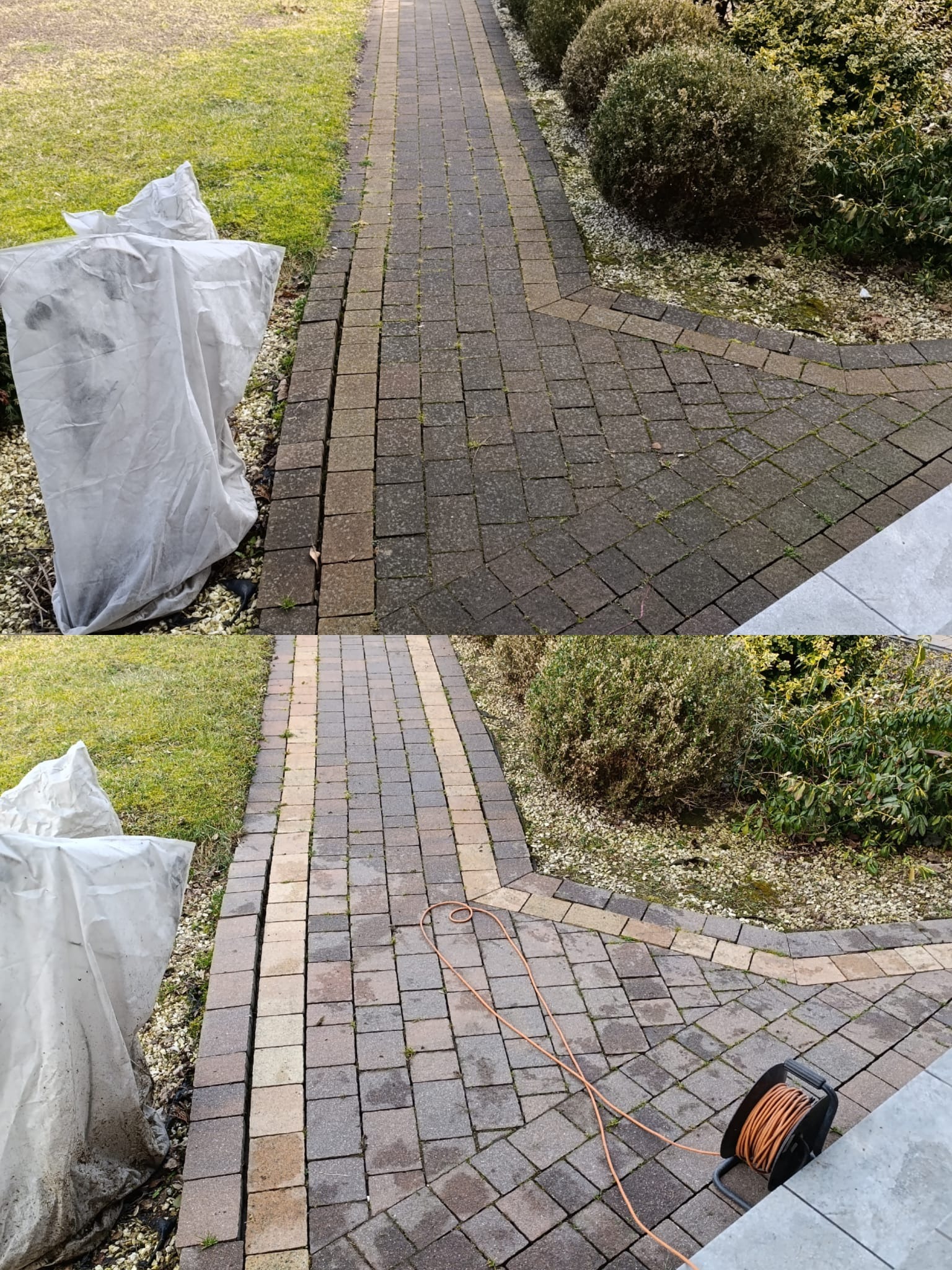 Kostka brukowa przed i po czyszczeniu, widoczny fragment trawnika z okryciem roślin, kabel zasilający. Porównanie stanu kostki przed i po zabiegu.