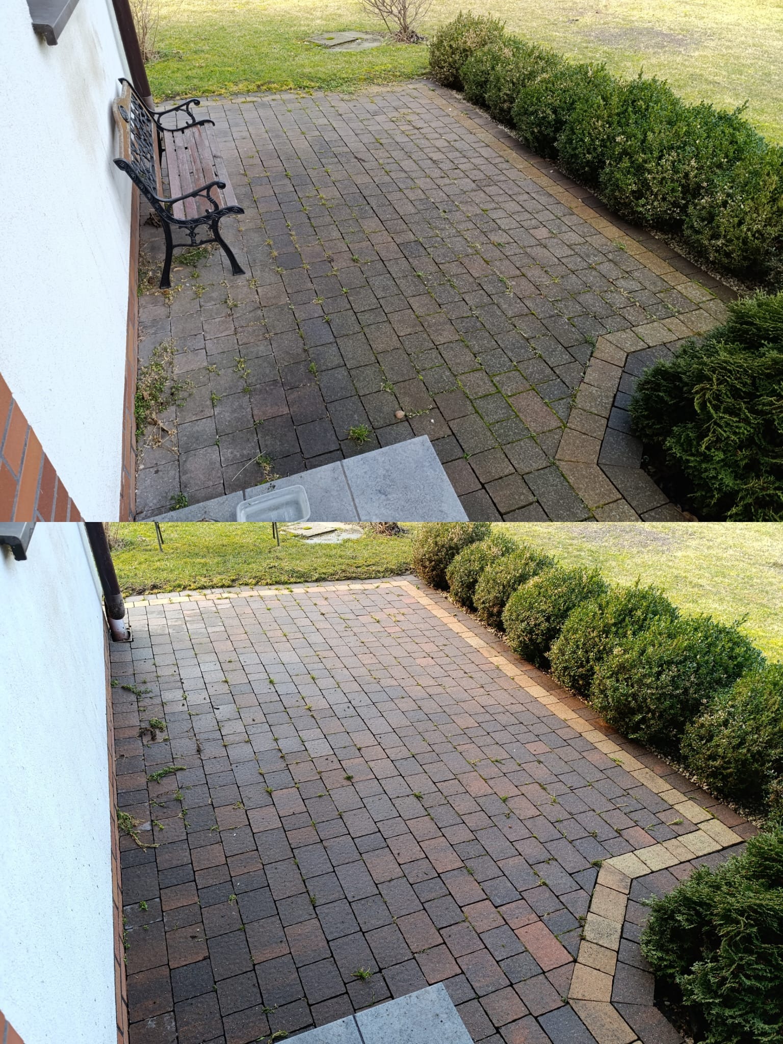 Zdjęcie kostki brukowej przed i po czyszczeniu, widok z góry. Po lewej stronie ściana budynku, po prawej krzewy. Na górze kostka brudna, na dole czysta.